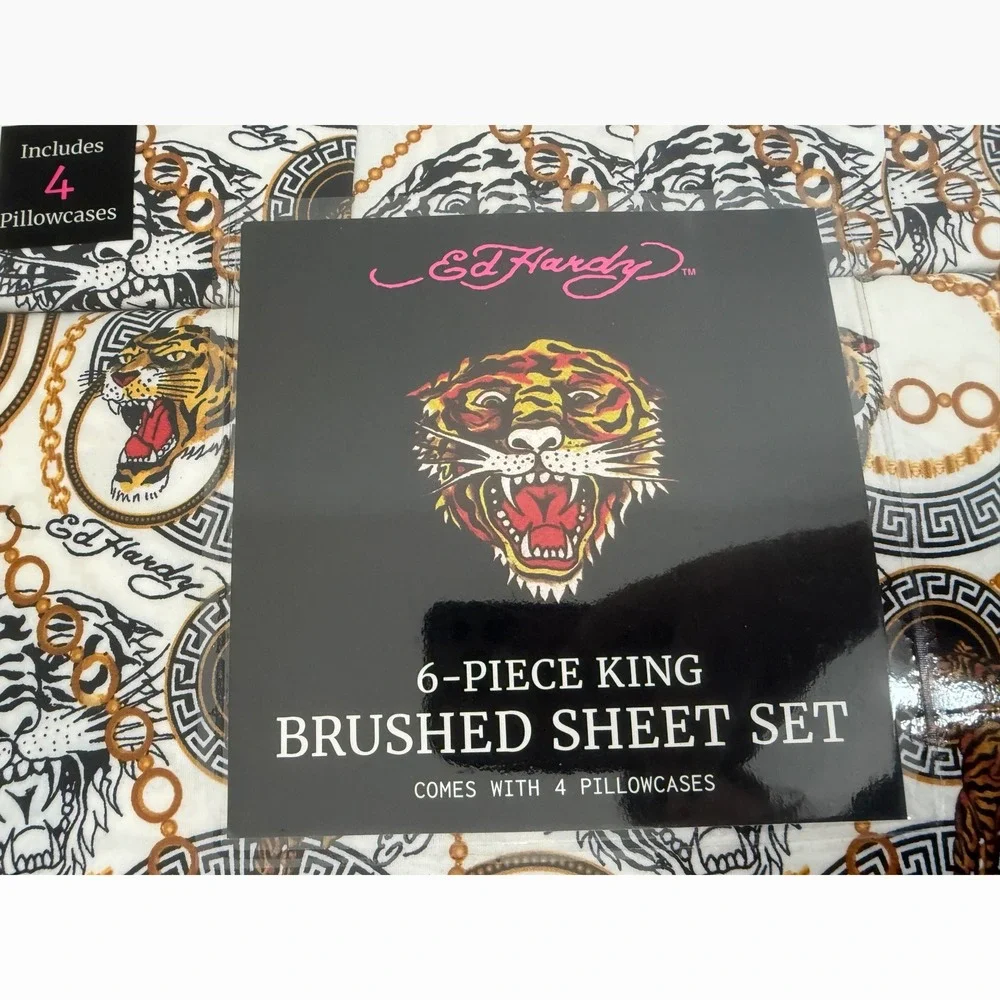 Ed Hardy King 6-Piece Double Brushed Sheet Set Tiger Chain Print White NEW
